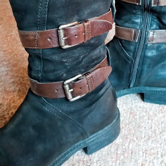 Miz Mooz Charmaine Black & Brown Leather Tall Buckles Boots Sz 7 (Eur 37) - Picture 9 of 16